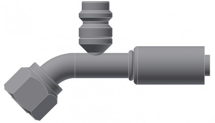 Image of A/C Refrigerant Hose Fitting - Fem-O-RING, LONG PILOT, 45 degree  W/ R134 PORT - Red Barrier Steel Ftg from Sunair. Part number: SA-53718-12-12S