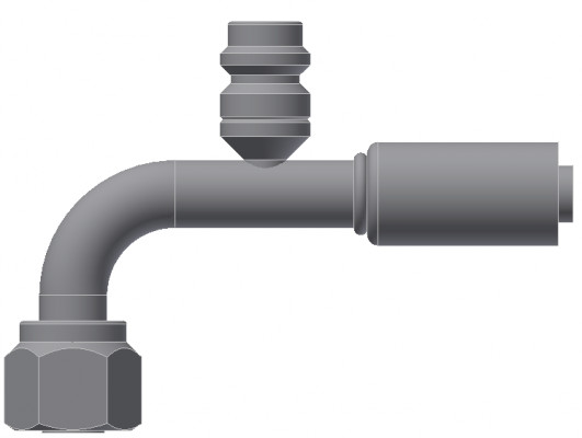 Image of A/C Refrigerant Hose Fitting - Fem-O-RING, LONG PILOT, 90uc0u65533  W/ R134 PORT - Red Barrier Steel Ftg from Sunair. Part number: SA-53719-06-06S