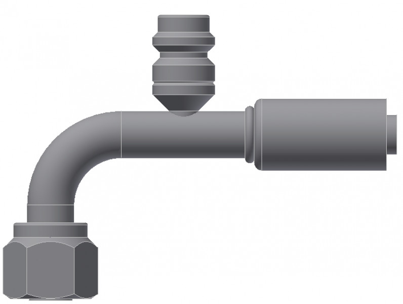 Image of A/C Refrigerant Hose Fitting - Fem-O-RING, LONG PILOT, 90uc0u65533  W/ R134 PORT - Red Barrier Steel Ftg from Sunair. Part number: SA-53719-06-08S