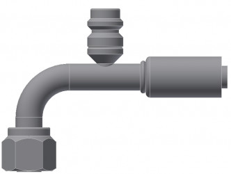 Image of A/C Refrigerant Hose Fitting - Fem-O-RING, LONG PILOT, 90 degree  W/ R134 PORT - Red Barrier Steel Ftg from Sunair. Part number: SA-53719-12-12S